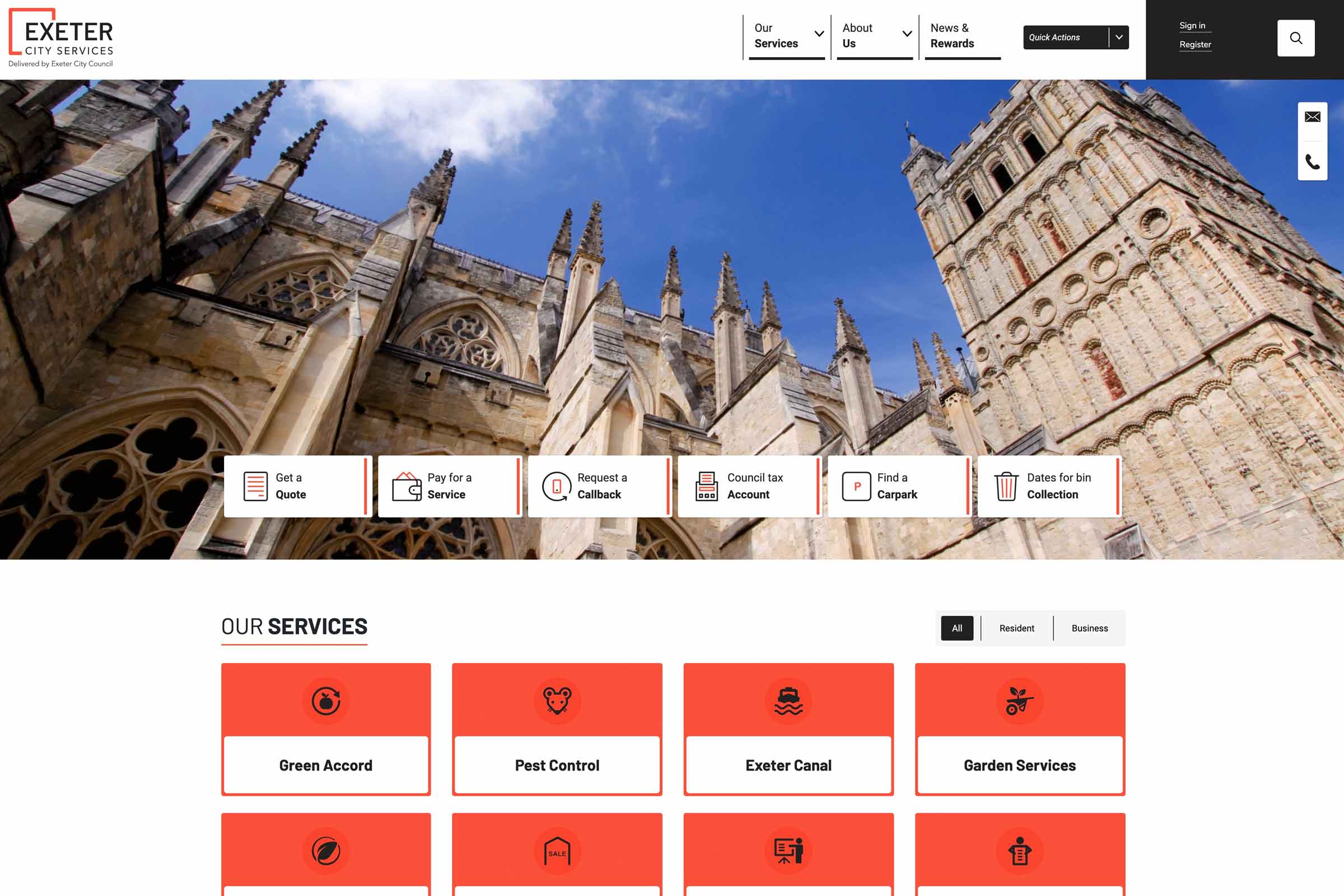 Exeter City Services homepage with service icons and hero image