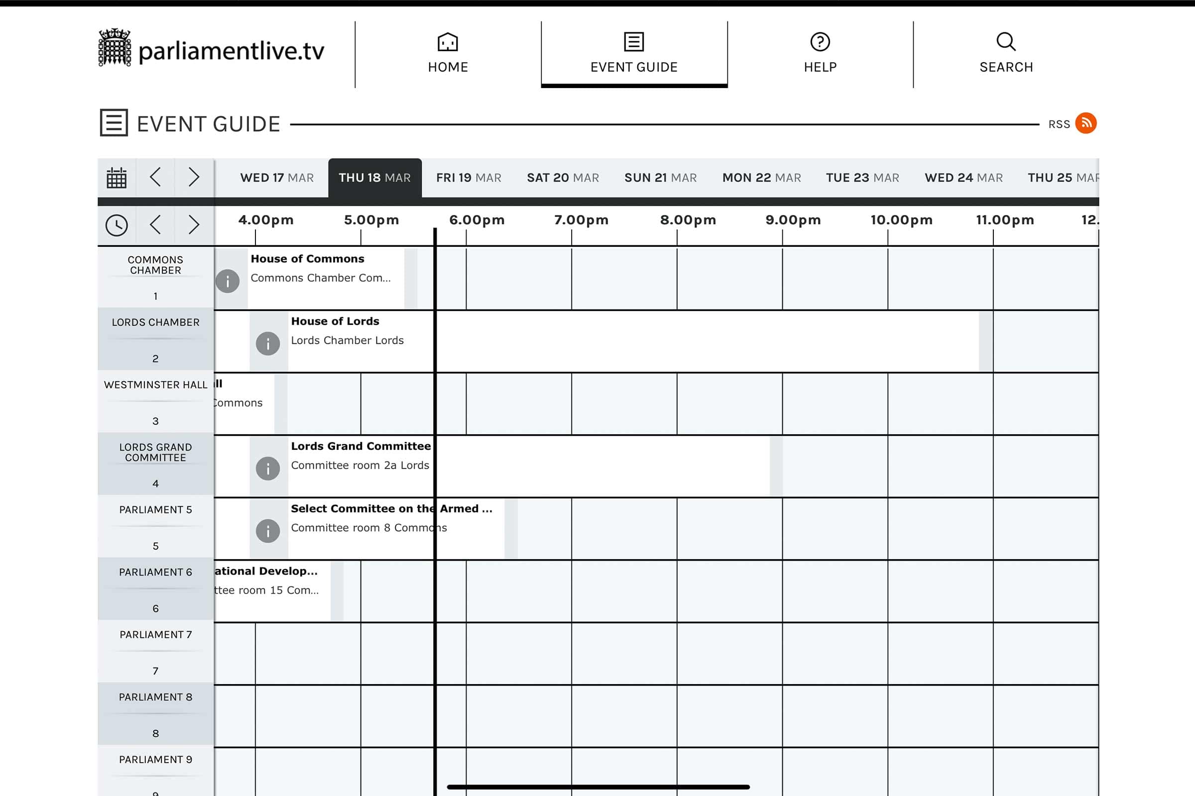 Event guide showing schedule grid for parliamentary sessions