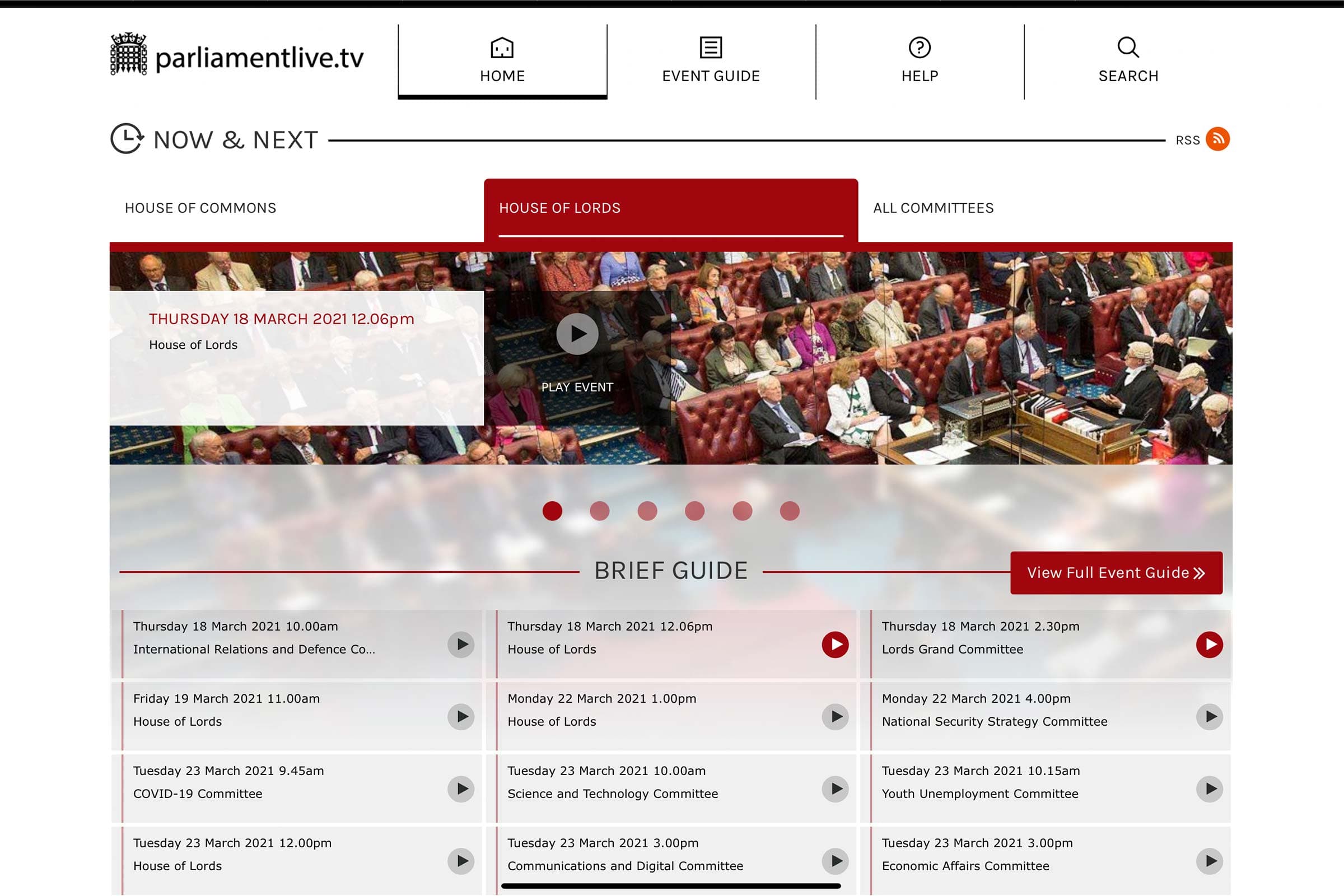Parliament Live TV House of Lords homepage with live video and event guide