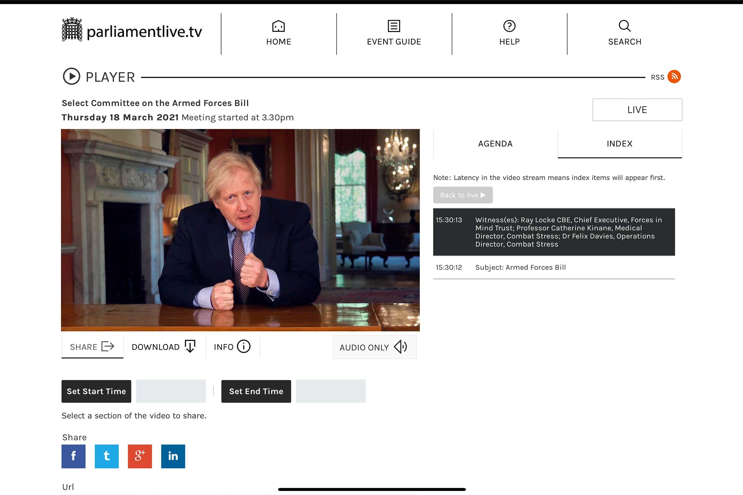 Video player page with live stream and agenda index