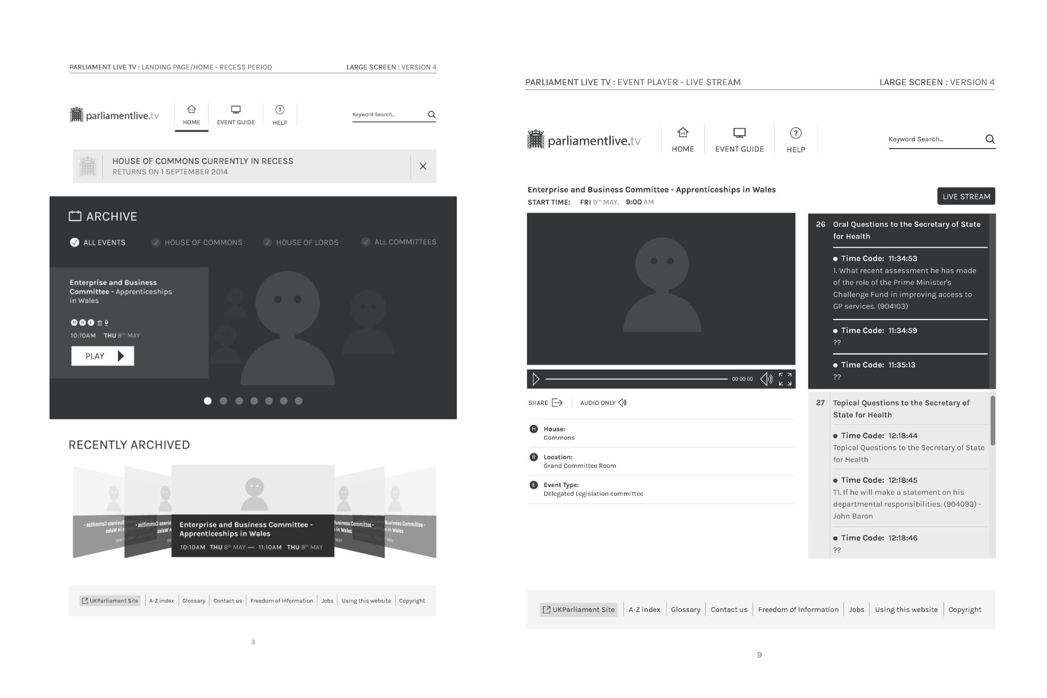 Wireframe layouts for homepage and event player screens