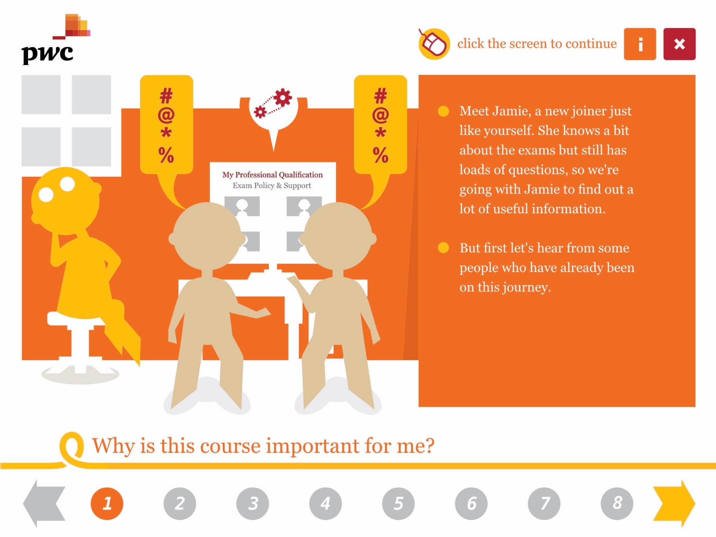 PwC e-learning interface with character illustrations and course navigation