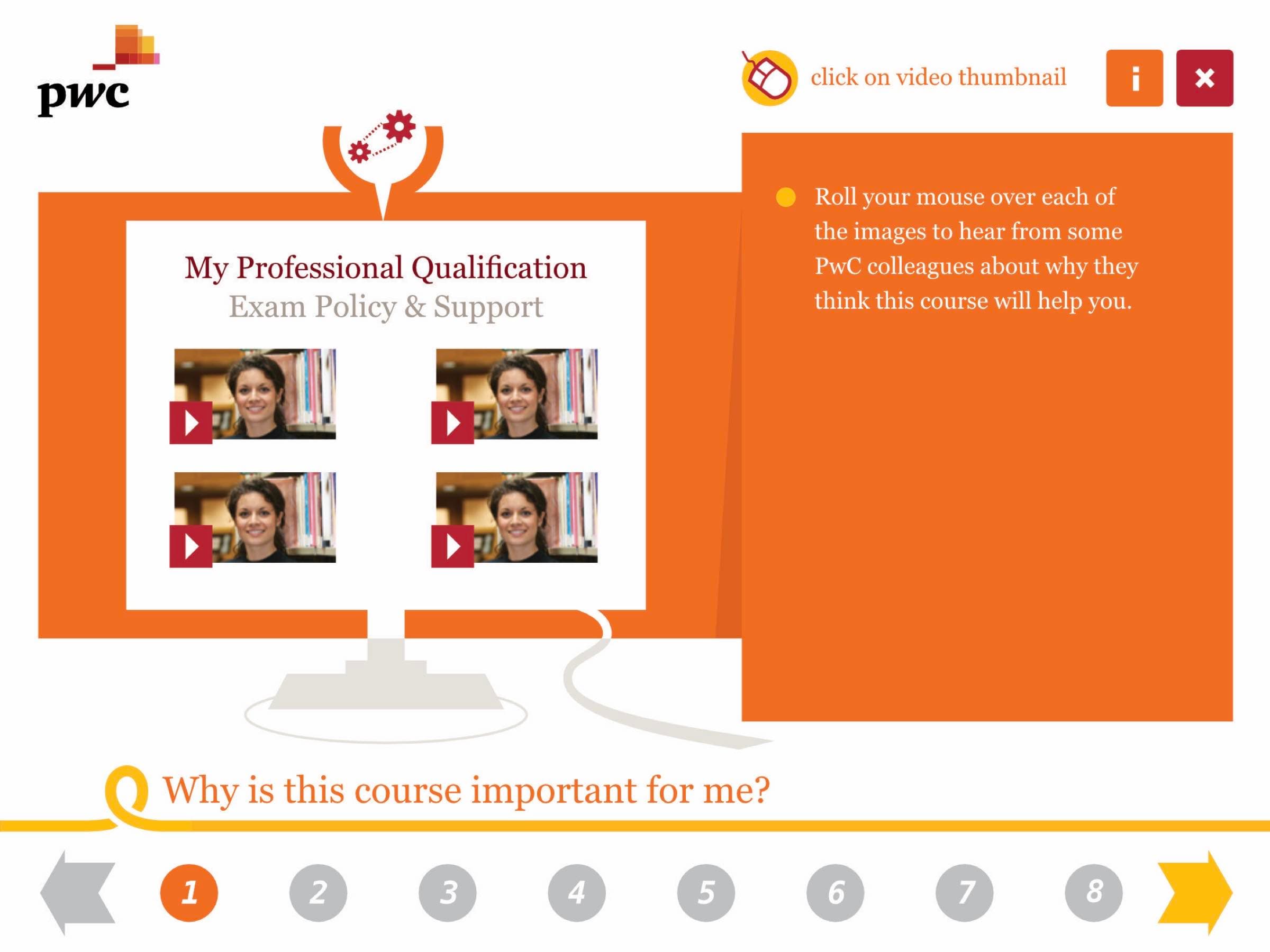 E-learning screen with video thumbnails and interactive elements
